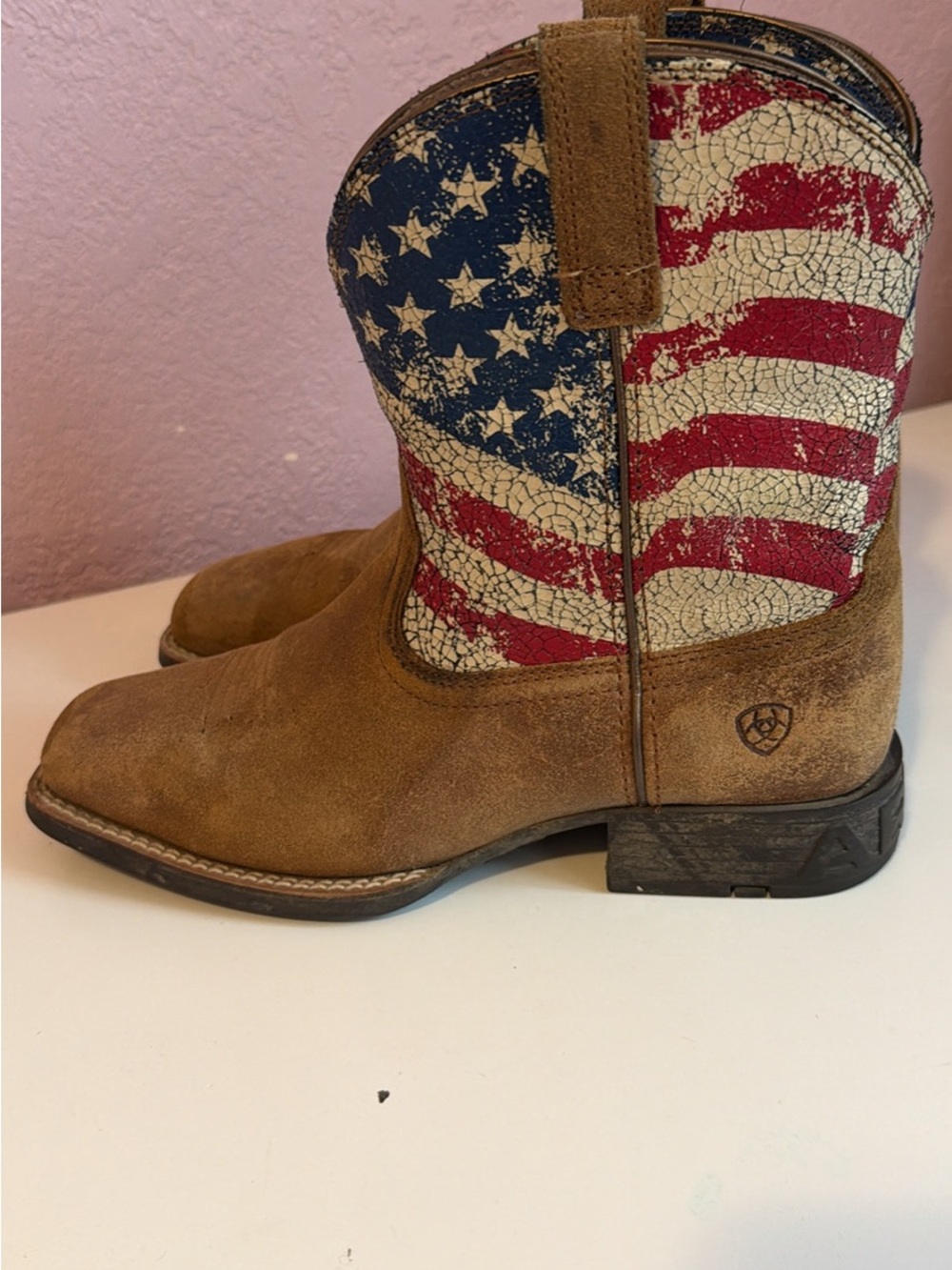 Ariat Kids Tan Suede Cowboy Boots with Red, White and Blue Flag Shaft